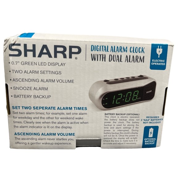 Sharp Electric Digital Dual Alarm Clock Battery Backup LED Large Display Snooze - Picture 2 of 5